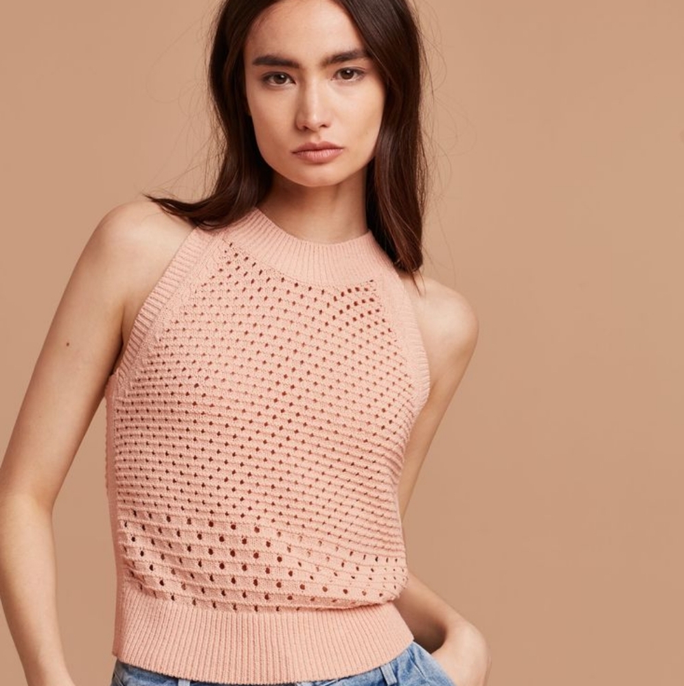 Wilfred Aritzia Pink Sleeveless Hign Neck Crochet Knit Top